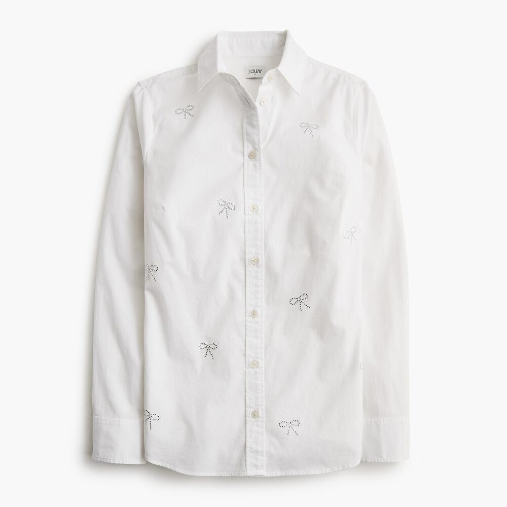 J. Crew Cotton Blend Jeweled-Bow Long Sleeve Button-Up Shirt White Womens Medium